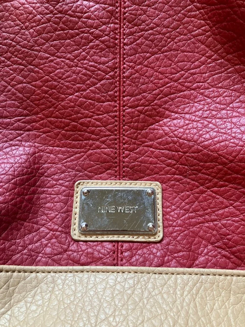 Nine West Red Tan Oversized Tote Shoulder Bag Faux Leather Y2K Colorblock